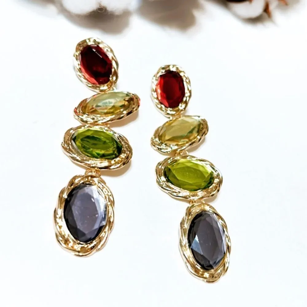 Zara Multicolor Gem Drop Earrings - Red, Orange, Yellow, Green, Purple